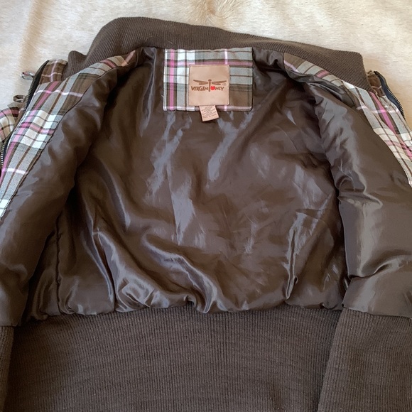 VINTAGE Rare 90s “Virgin Only” Plaid Bomber Jacket in Brown & Pink - Picture 10 of 14